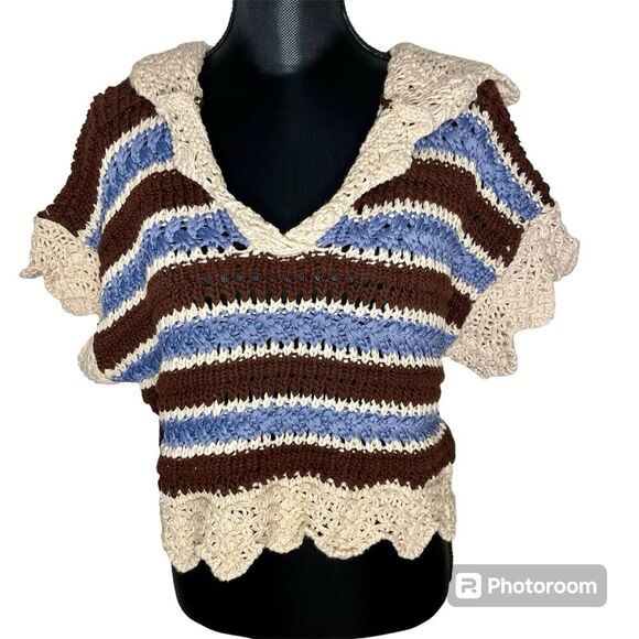 Zara Sweater Crochet Stripe Knit Short Sleeve Hooded V Neck Top Tan Blue Small - Picture 1 of 10